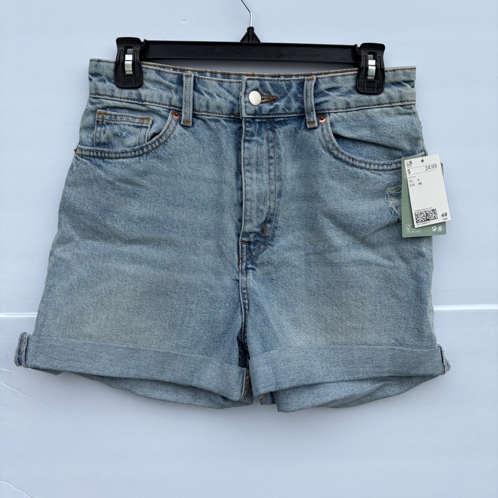 H&M Womens High Waisted Denim Shorts Light Wash Rolled Hem‎ Size 6 NEW